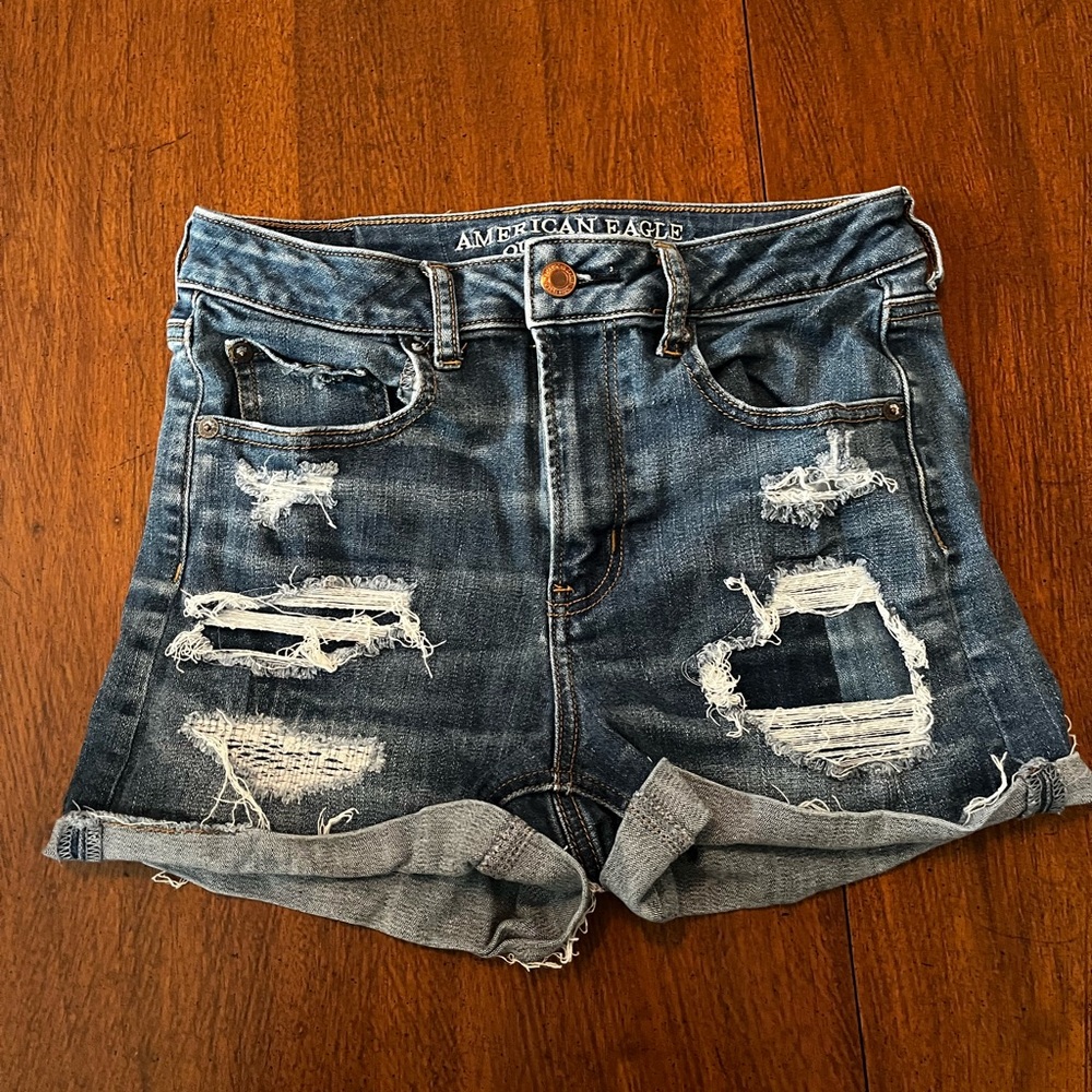 American Eagle Outfitters Women's Ripped Jean Shorts - Dark Blue